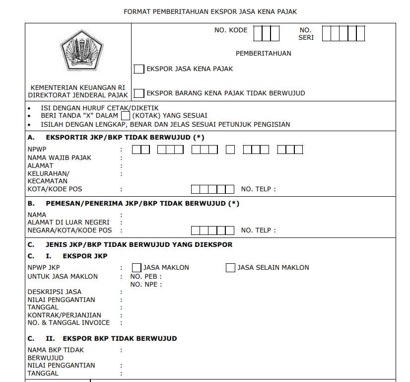 Format Pemberitahuan Ekspor Jasa PEJ PMK 32 2019