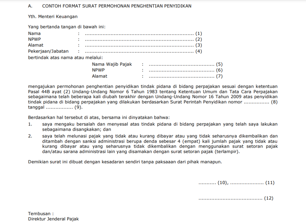 format surat permohonan penghentian penyidikan pajak