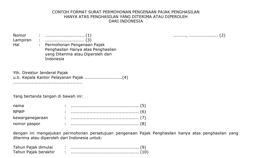 Contoh Format Surat Permohonan Bebas Pajak Penghasilan WNA PMK 18 2020