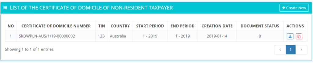 List of Certificate of Domicile of-Non Resident Taxpayer pada Aplikasi e-SKD