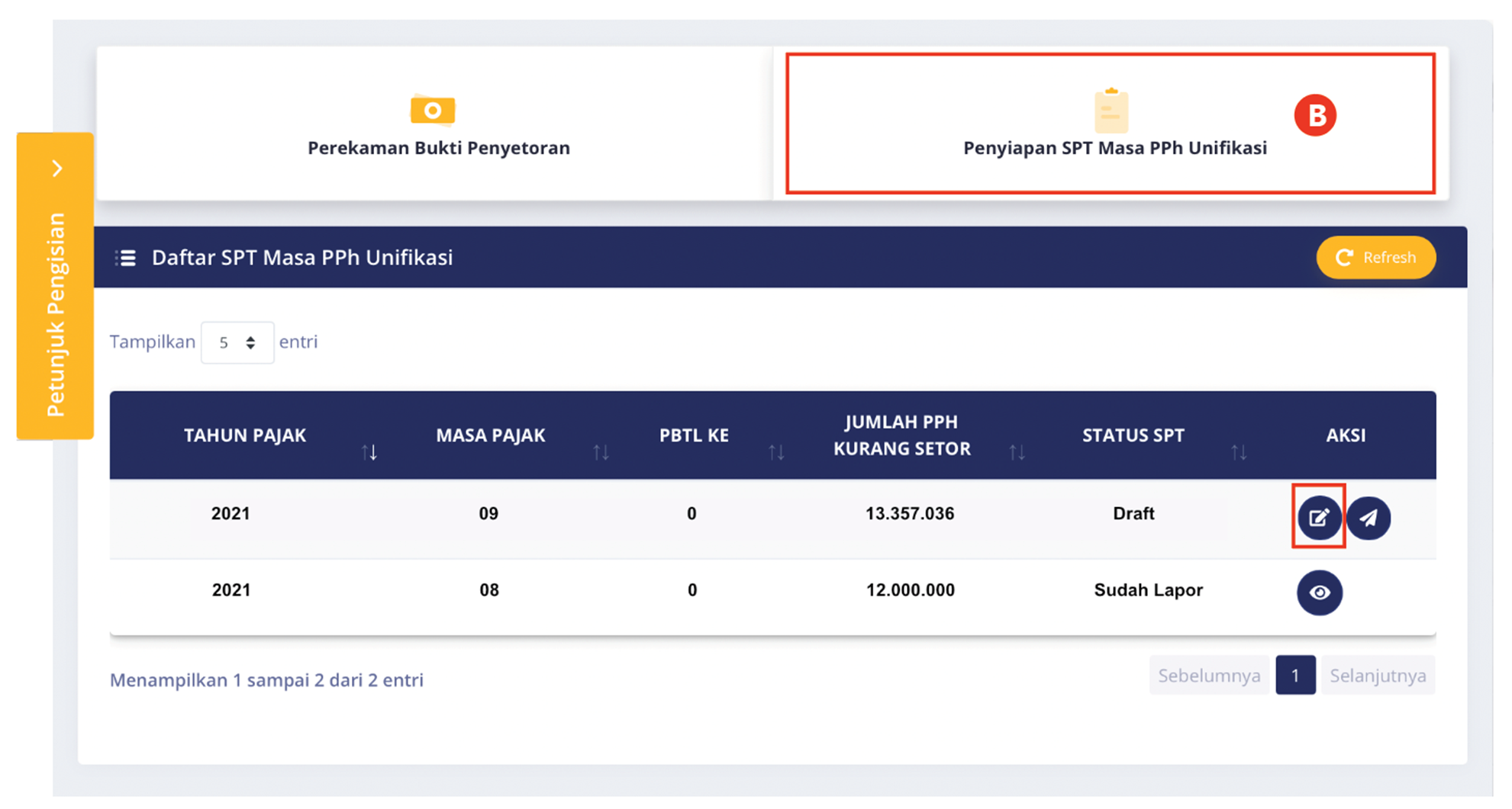 Menu Dashboard SPT Masa Unifikasi